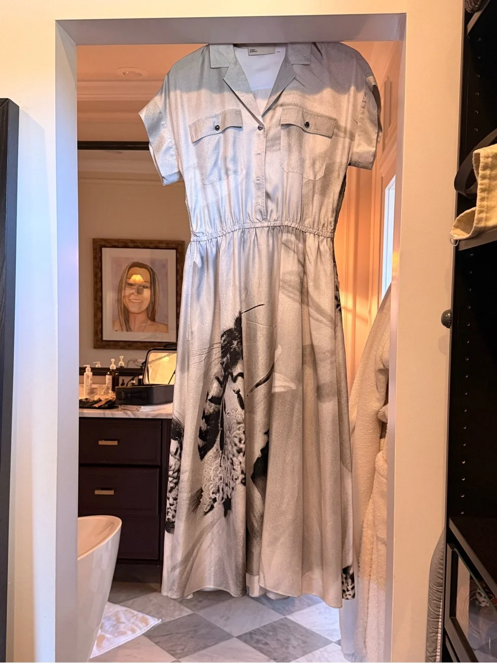 Tory Burch Cream Midi Shirt Dress with Black Botanical Motif